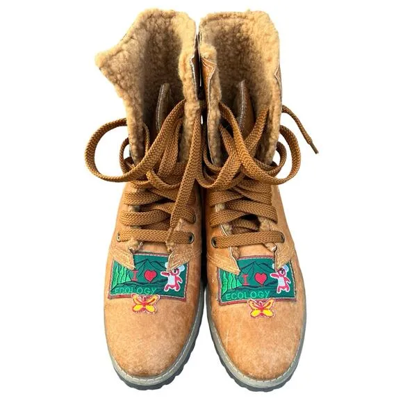I Love Ecology Sherpa Lined Tan Brown Green Patches Combat Lace Up Boots sz 7.5