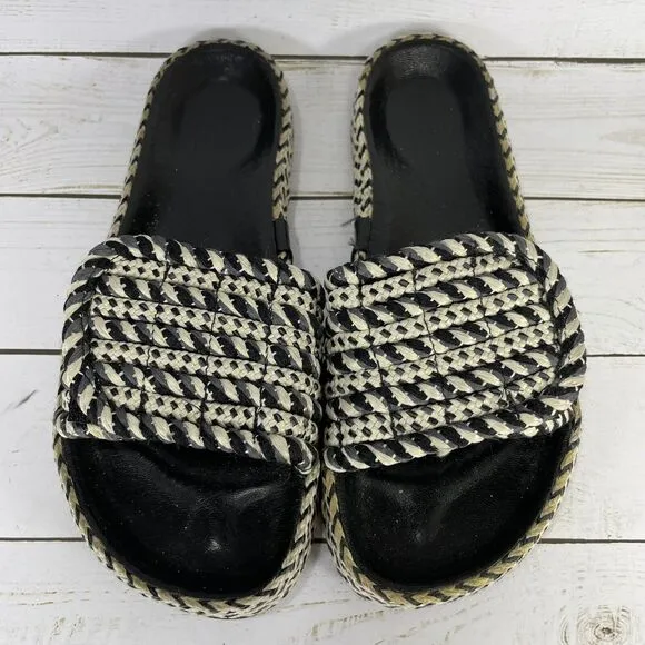 Isabel Marant Black Beige Enki Straw Slide Sandals Womens Size 38 US Size 7