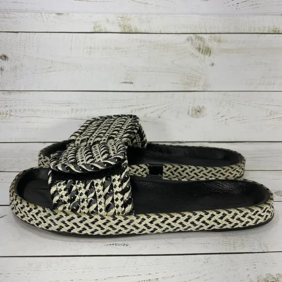 Isabel Marant Black Beige Enki Straw Slide Sandals Womens Size 38 US Size 7