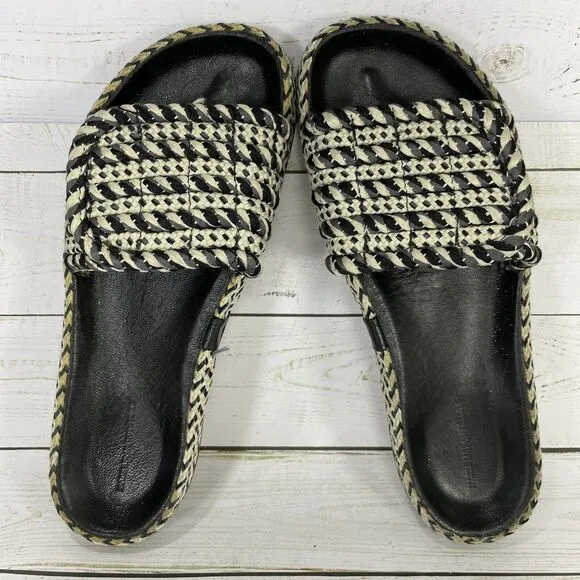 Isabel Marant Black Beige Enki Straw Slide Sandals Womens Size 38 US Size 7