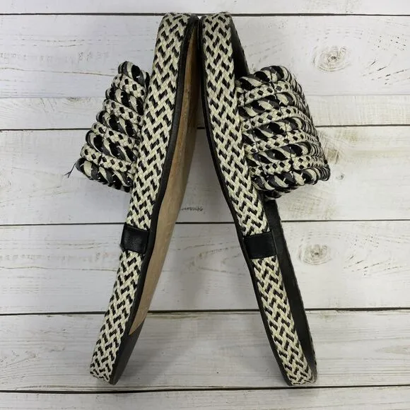 Isabel Marant Black Beige Enki Straw Slide Sandals Womens Size 38 US Size 7