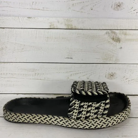 Isabel Marant Black Beige Enki Straw Slide Sandals Womens Size 38 US Size 7