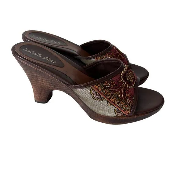 Isabella Fiore Blaze Beaded Wooden Heeled Slide Sandals Womens Size 10.5