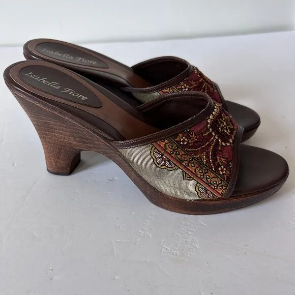 Isabella Fiore Blaze Beaded Wooden Heeled Slide Sandals Womens Size 10.5
