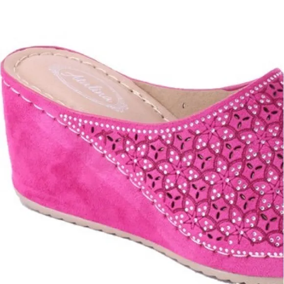 Italina Bright Pink Slide In Wedge Heeled Comfort Mule