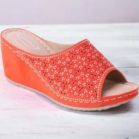 Italina Coastal Blue Slide In Wedge Heeled Comfort Mule