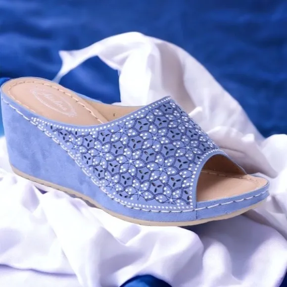 Italina Coastal Blue Slide In Wedge Heeled Comfort Mule