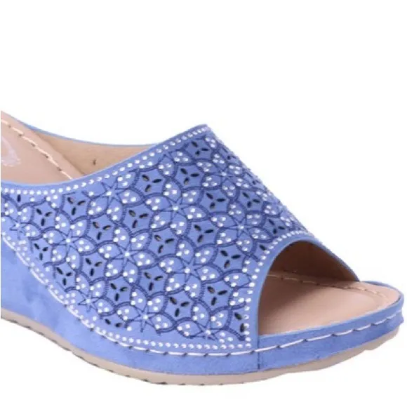 Italina Coastal Blue Slide In Wedge Heeled Comfort Mule