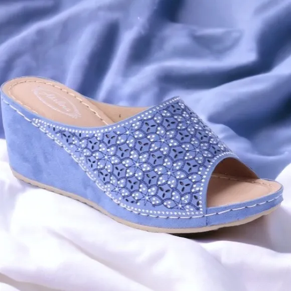 Italina Coastal Blue Slide In Wedge Heeled Comfort Mule