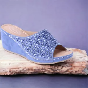 Italina Coastal Blue Slide In Wedge Heeled Comfort Mule