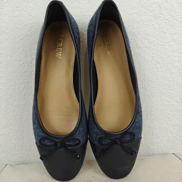 J. Crew Factory Tweed Navy Blue Bow Slip On Ballet Flats Women's Size 7