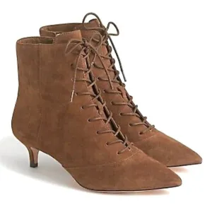 J Crew Fiona Ankle Boots Booties Lace Up Kitten Heels Brown Suede NWOT 6.5