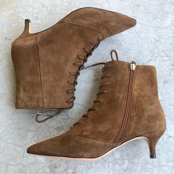 J Crew Fiona Ankle Boots Booties Lace Up Kitten Heels Brown Suede NWOT 6.5