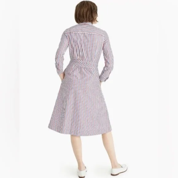 J CREW Maribu Red White Blue Stripe Cotton Long Sleeve Shirtdress