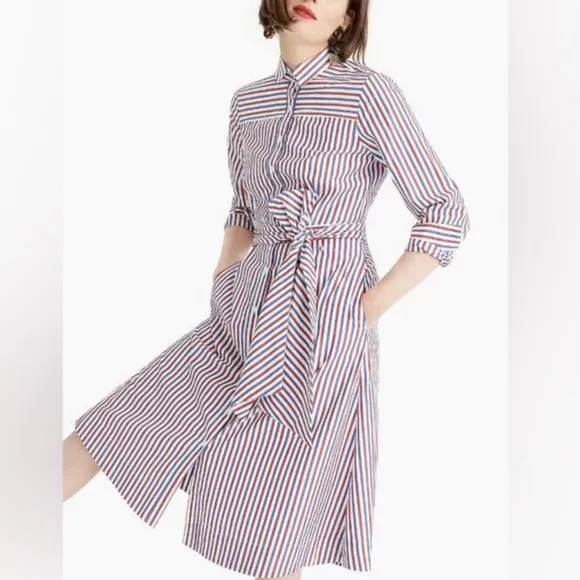 J CREW Maribu Red White Blue Stripe Cotton Long Sleeve Shirtdress