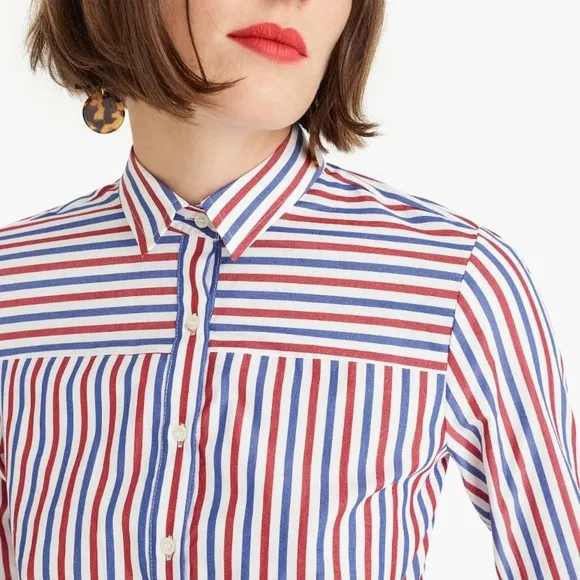 J CREW Maribu Red White Blue Stripe Cotton Long Sleeve Shirtdress