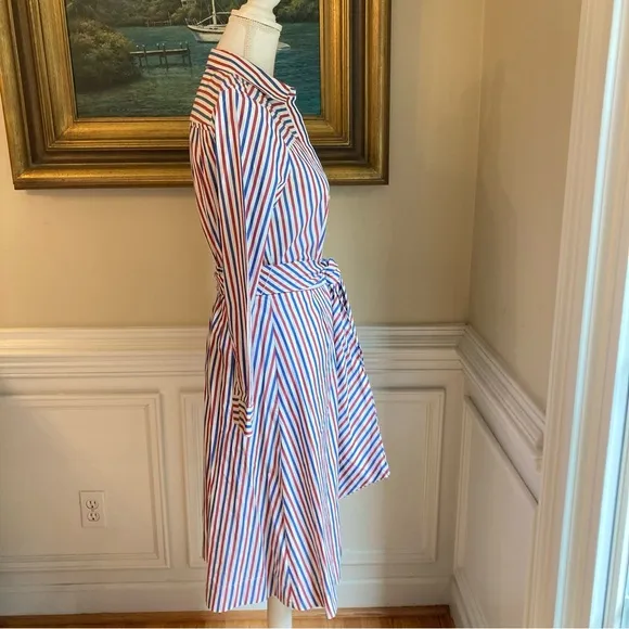 J CREW Maribu Red White Blue Stripe Cotton Long Sleeve Shirtdress