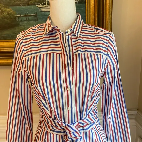 J CREW Maribu Red White Blue Stripe Cotton Long Sleeve Shirtdress