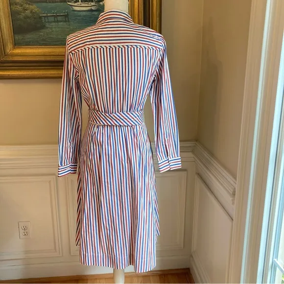 J CREW Maribu Red White Blue Stripe Cotton Long Sleeve Shirtdress