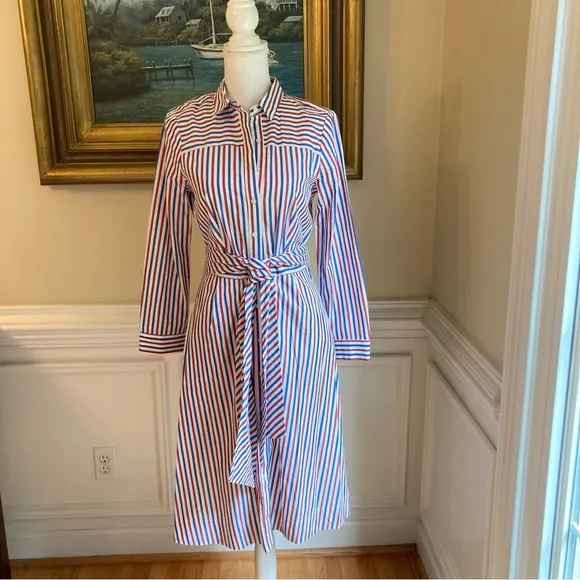 J CREW Maribu Red White Blue Stripe Cotton Long Sleeve Shirtdress