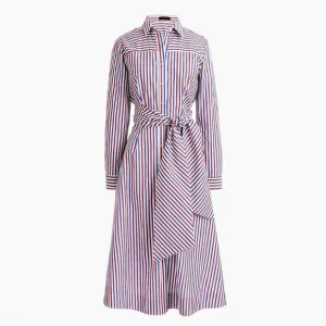 J CREW Maribu Red White Blue Stripe Cotton Long Sleeve Shirtdress