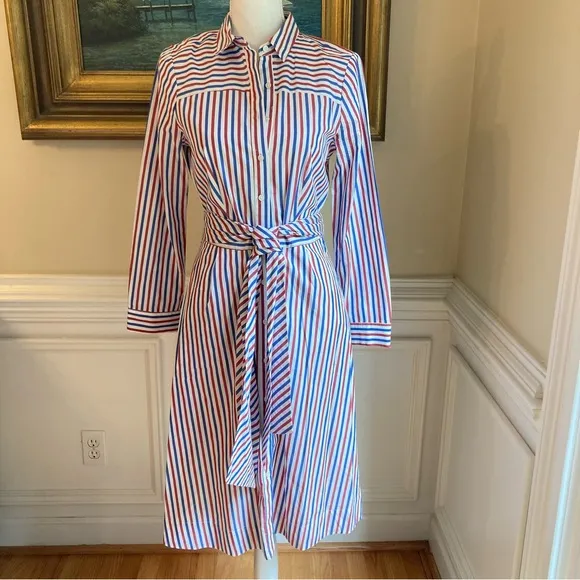 J CREW Maribu Red White Blue Stripe Cotton Long Sleeve Shirtdress