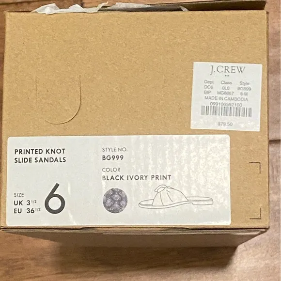 J. Crew Printed Knot Black Ivory Slide Sandals 6 New in Box