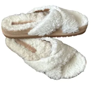 JACK ROGERS LEXI FAUX WHITE FUR CRISS CROSS OVER SANDAL SLIDES 8.5