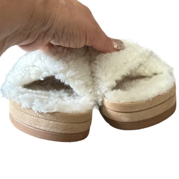 JACK ROGERS LEXI FAUX WHITE FUR CRISS CROSS OVER SANDAL SLIDES 8.5