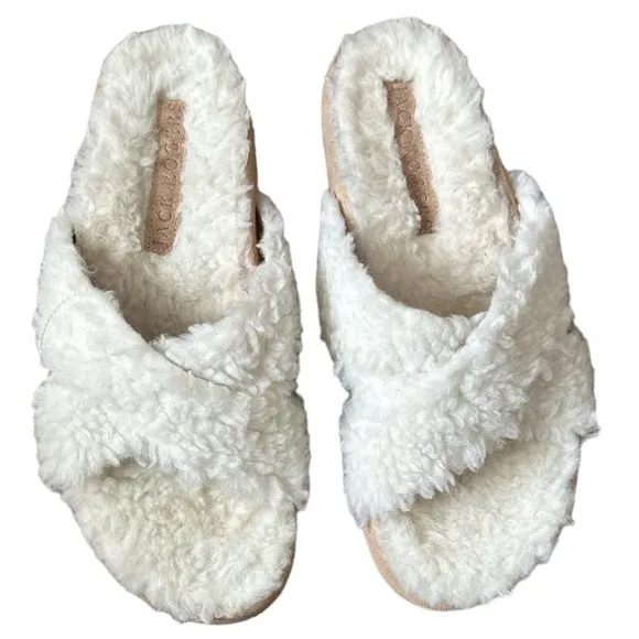 JACK ROGERS LEXI FAUX WHITE FUR CRISS CROSS OVER SANDAL SLIDES 8.5