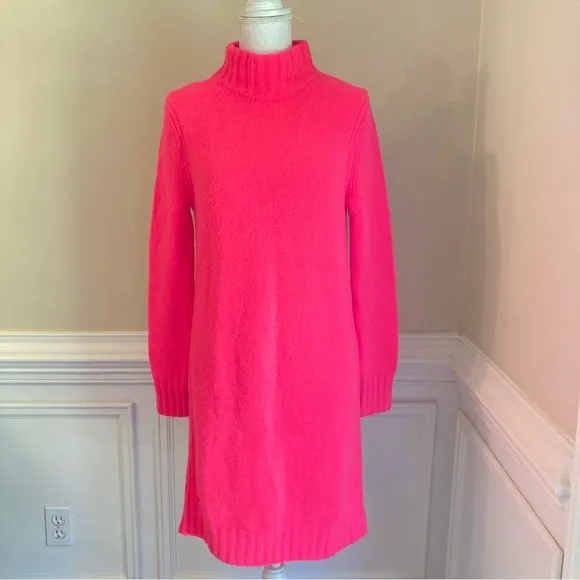 JCREW Hot Fluorescent Neon Pink Soft Wool Polyamide Turtleneck Sweater Dress NWT