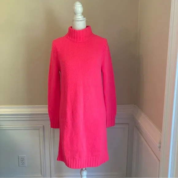 JCREW Hot Fluorescent Neon Pink Soft Wool Polyamide Turtleneck Sweater Dress NWT
