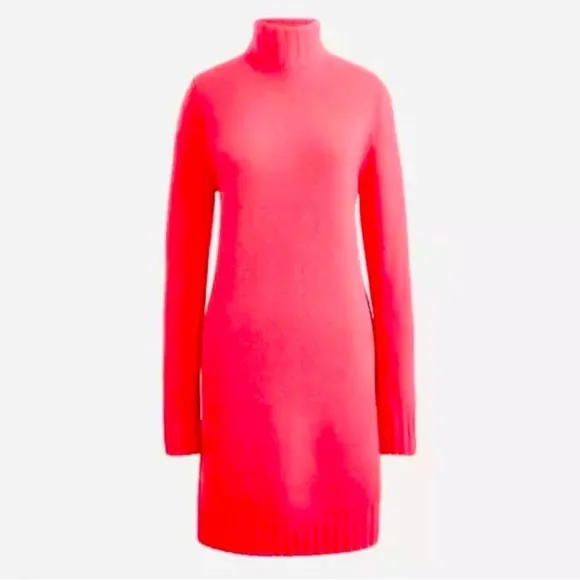 JCREW Hot Fluorescent Neon Pink Soft Wool Polyamide Turtleneck Sweater Dress NWT