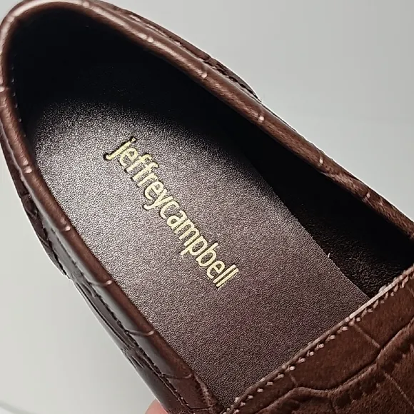 Jeffrey Campbell Velviteen Loafers Slip-On Croc-Embossed Gold Horsebit Brown 5.5