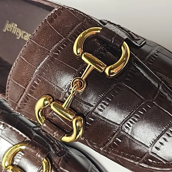 Jeffrey Campbell Velviteen Loafers Slip-On Croc-Embossed Gold Horsebit Brown 5.5