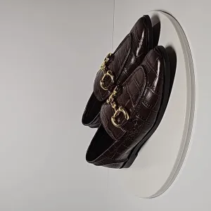 Jeffrey Campbell Velviteen Loafers Slip-On Croc-Embossed Gold Horsebit Brown 5.5
