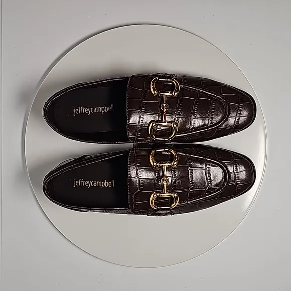Jeffrey Campbell Velviteen Loafers Slip-On Croc-Embossed Gold Horsebit Brown 5.5