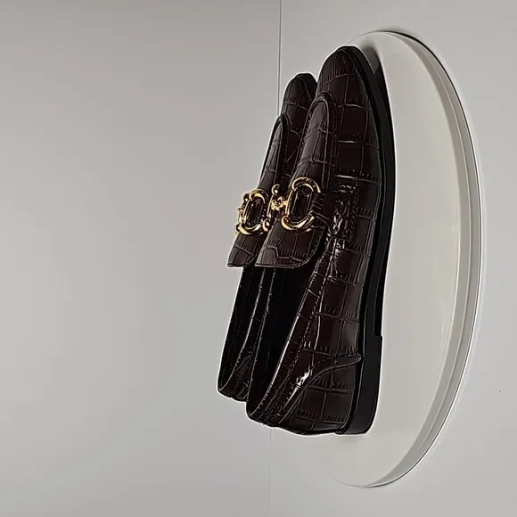 Jeffrey Campbell Velviteen Loafers Slip-On Croc-Embossed Gold Horsebit Brown 5.5