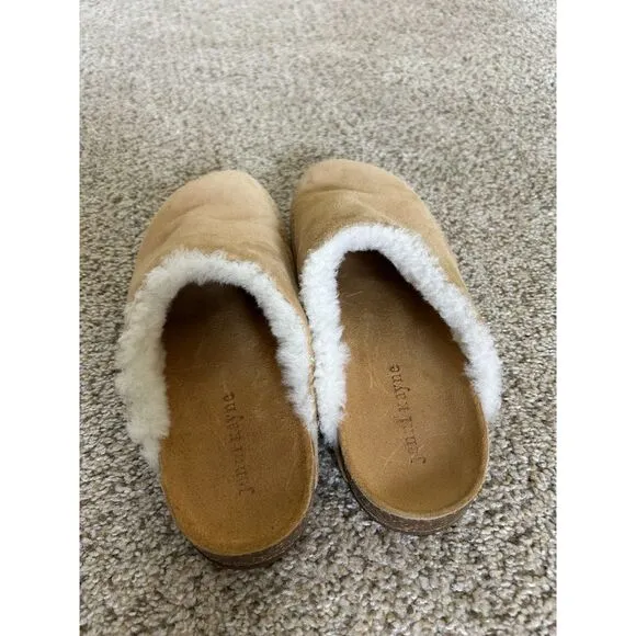 Jenni Kayne $375 Shearling-Lined Moc Clog Shoes Suede Mules Slides Tan Sz 40/9.5