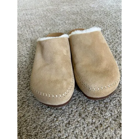 Jenni Kayne $375 Shearling-Lined Moc Clog Shoes Suede Mules Slides Tan Sz 40/9.5