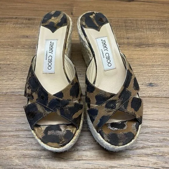 Jimmy Choo Dovina Leapord Print Platform Wedge Slide Sandals Size 35 US‎ 4.5