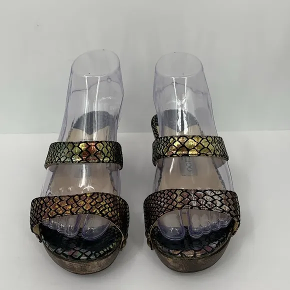 Jimmy Choo Kershaw slide double strap sandal shoe clog metallic snake wood 36 6