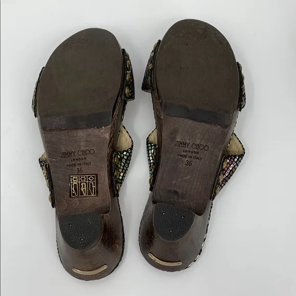 Jimmy Choo Kershaw slide double strap sandal shoe clog metallic snake wood 36 6