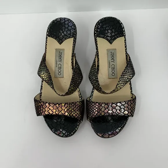 Jimmy Choo Kershaw slide double strap sandal shoe clog metallic snake wood 36 6