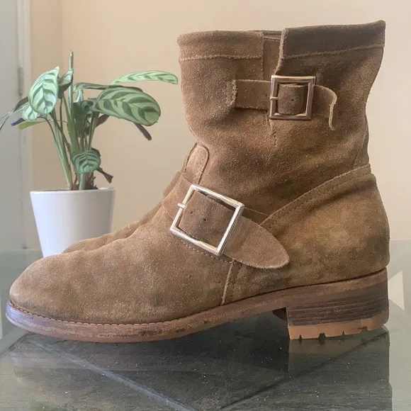 JIMMY CHOO ‘Youth’ Biker Boots Tan ‘Whiskey’ Suede Leather Flat