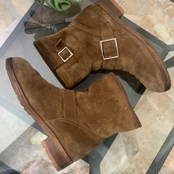 JIMMY CHOO ‘Youth’ Biker Boots Tan ‘Whiskey’ Suede Leather Flat