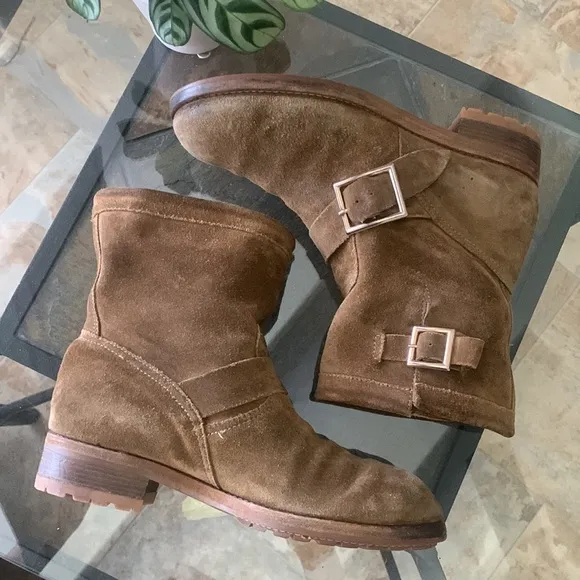 JIMMY CHOO ‘Youth’ Biker Boots Tan ‘Whiskey’ Suede Leather Flat