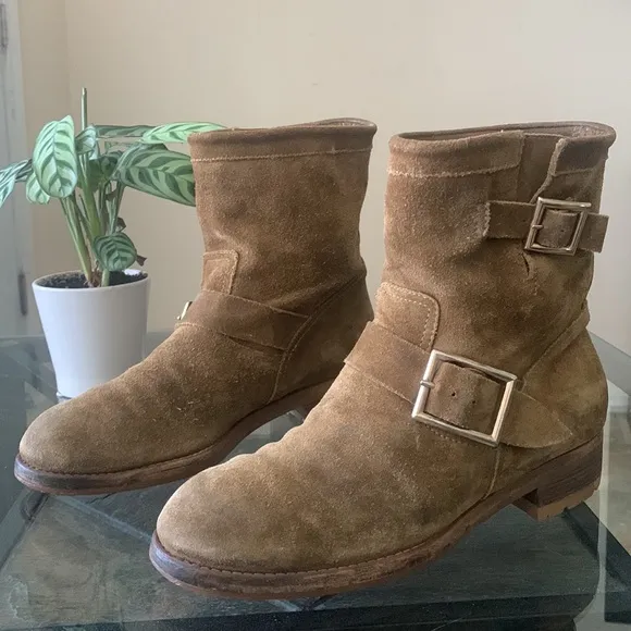 JIMMY CHOO ‘Youth’ Biker Boots Tan ‘Whiskey’ Suede Leather Flat