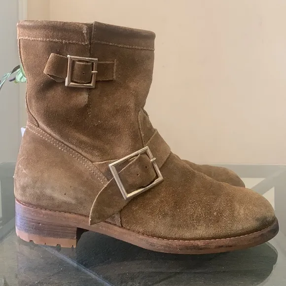 JIMMY CHOO ‘Youth’ Biker Boots Tan ‘Whiskey’ Suede Leather Flat
