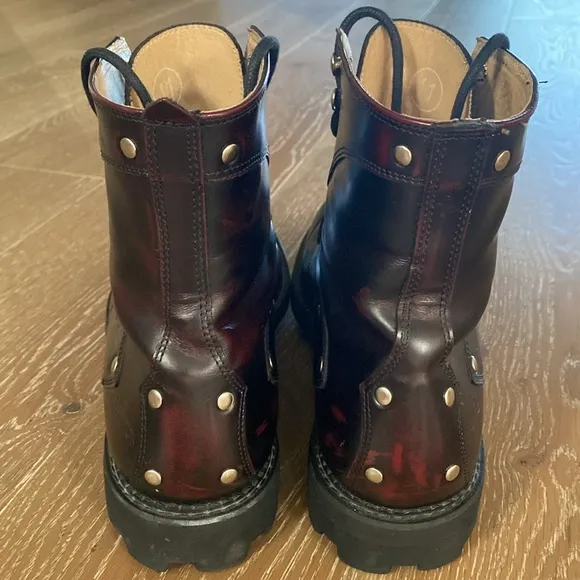 John Fluevog 7th Heaven Angels Derby combat boots burgundy rub off Mens 11 Y2K